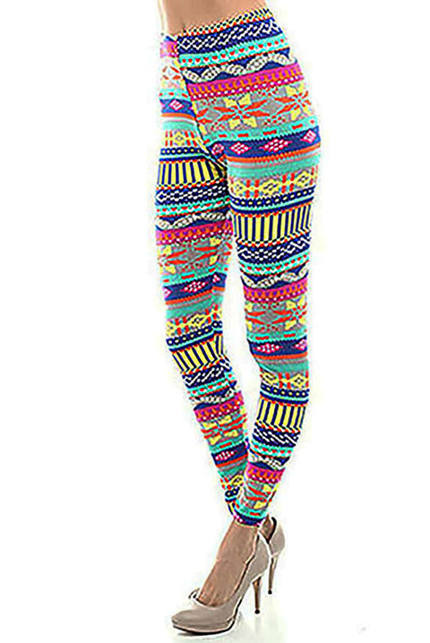 Women's Regular Southwestern Pattern Print Leggings - Blue Fuchsia Grey