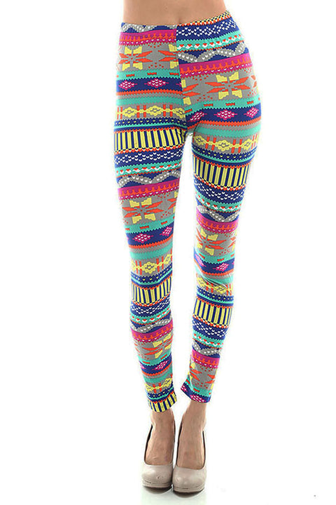 Women's Regular Southwestern Pattern Print Leggings - Blue Fuchsia Grey