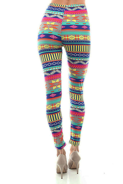 Women's Regular Southwestern Pattern Print Leggings - Blue Fuchsia Grey