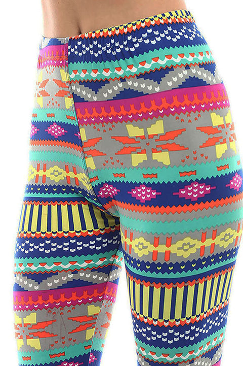 Women's Regular Southwestern Pattern Print Leggings - Blue Fuchsia Grey