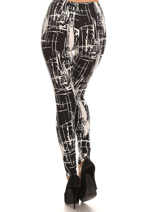 Women's Regular Abstract Line and Brush Paint Pattern Print Leggings - Black White
