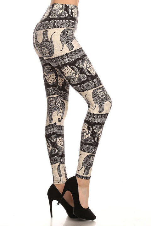 Women's Regular Oriental Elephant Pattern Print Leggings - Black White
