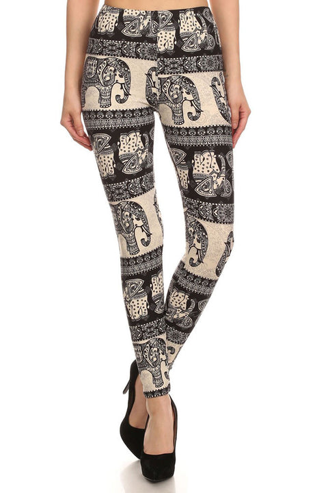 Women's Regular Oriental Elephant Pattern Print Leggings - Black White