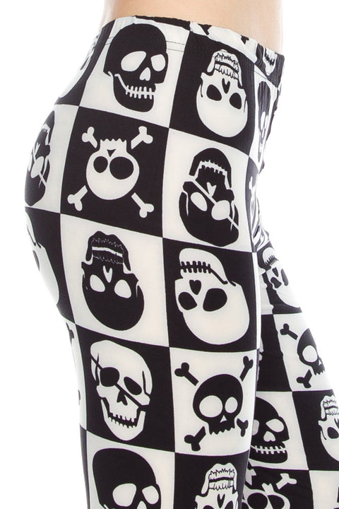 Women's Regular Black and White Skull Leggings