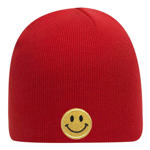 Yellow Glitter Happy Face Embroidered Patch Superior Cotton Blend 9" Classic Knit Beanies for Men & Women