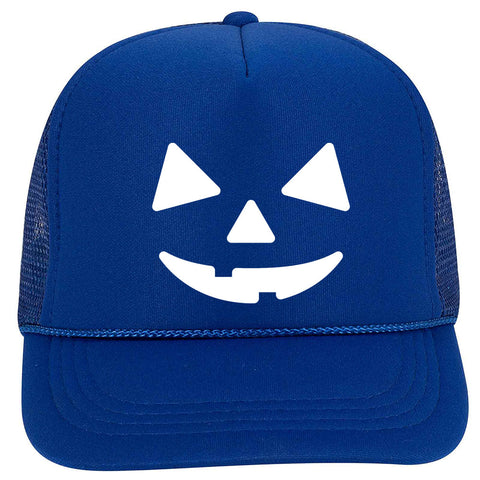 Youth Kid's Pumpkin Happy Face Puff Halloween Printed 5 Panel High Crown Foam Mesh Back Trucker Hat for Boys and Girls