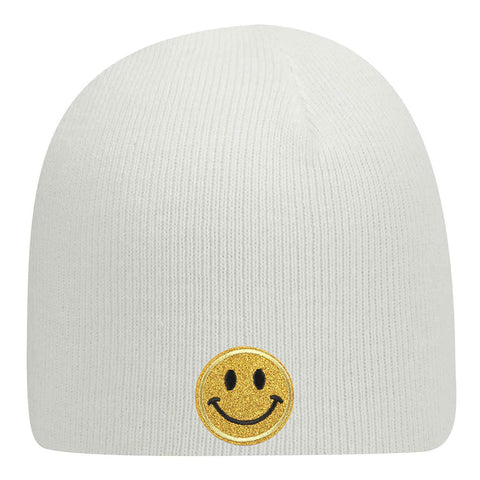 Yellow Glitter Happy Face Embroidered Patch Superior Cotton Blend 9" Classic Knit Beanies for Men & Women