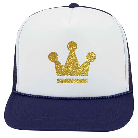 Youth Kid's Gold Crown Glitter Printed 5 Panel High Crown Foam Mesh Back Trucker Hat for Boys and Girls