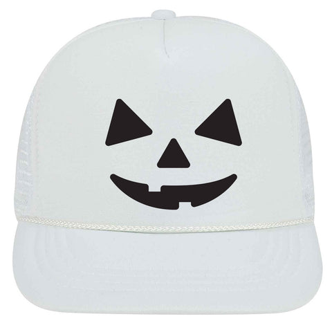 Youth Kid's Pumpkin Happy Face Puff Halloween Printed 5 Panel High Crown Foam Mesh Back Trucker Hat for Boys and Girls