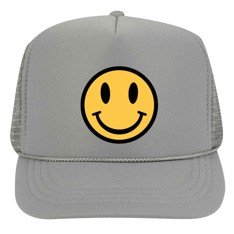 Youth Kid's Happy Face Suede Like Feel Textured Printed 5 Panel High Crown Foam Mesh Back Trucker Hat