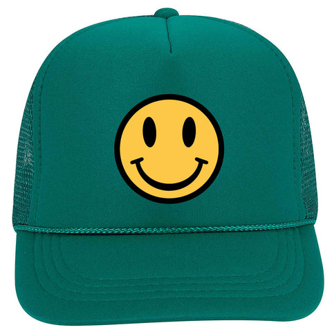 Youth Kid's Happy Face Suede Like Feel Textured Printed 5 Panel High Crown Foam Mesh Back Trucker Hat