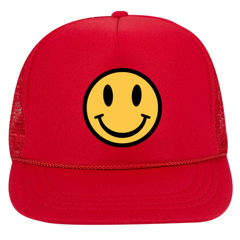 Youth Kid's Happy Face Suede Like Feel Textured Printed 5 Panel High Crown Foam Mesh Back Trucker Hat