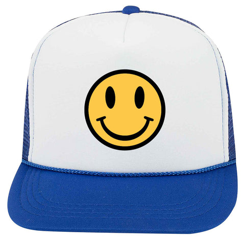 Youth Kid's Happy Face Suede Like Feel Textured Printed 5 Panel High Crown Foam Mesh Back Trucker Hat