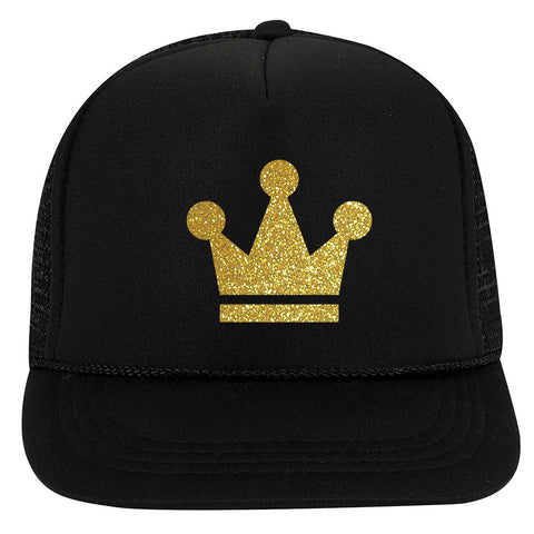 Youth Kid's Gold Crown Glitter Printed 5 Panel High Crown Foam Mesh Back Trucker Hat for Boys and Girls