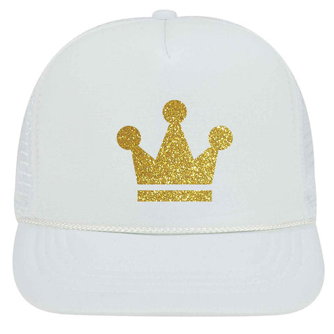 Youth Kid's Gold Crown Glitter Printed 5 Panel High Crown Foam Mesh Back Trucker Hat for Boys and Girls